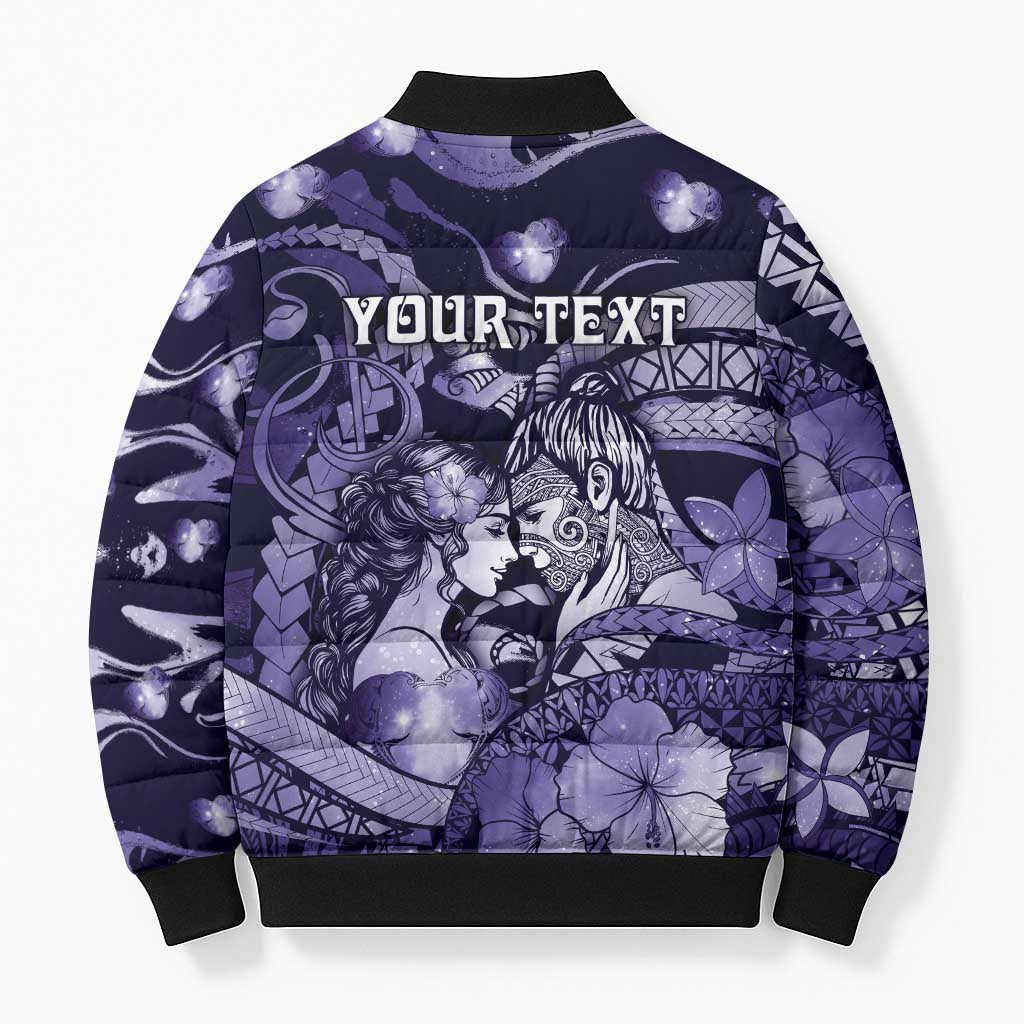 Personalised Maori Romantic Valentine Bomber Puffer Jacket The Hongi Kiss Purple Galaxy DT05 - Polynesian Pride