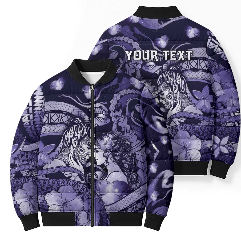 Personalised Maori Romantic Valentine Bomber Puffer Jacket The Hongi Kiss Purple Galaxy DT05 - Polynesian Pride