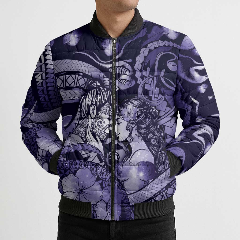 Personalised Maori Romantic Valentine Bomber Puffer Jacket The Hongi Kiss Purple Galaxy DT05 - Polynesian Pride