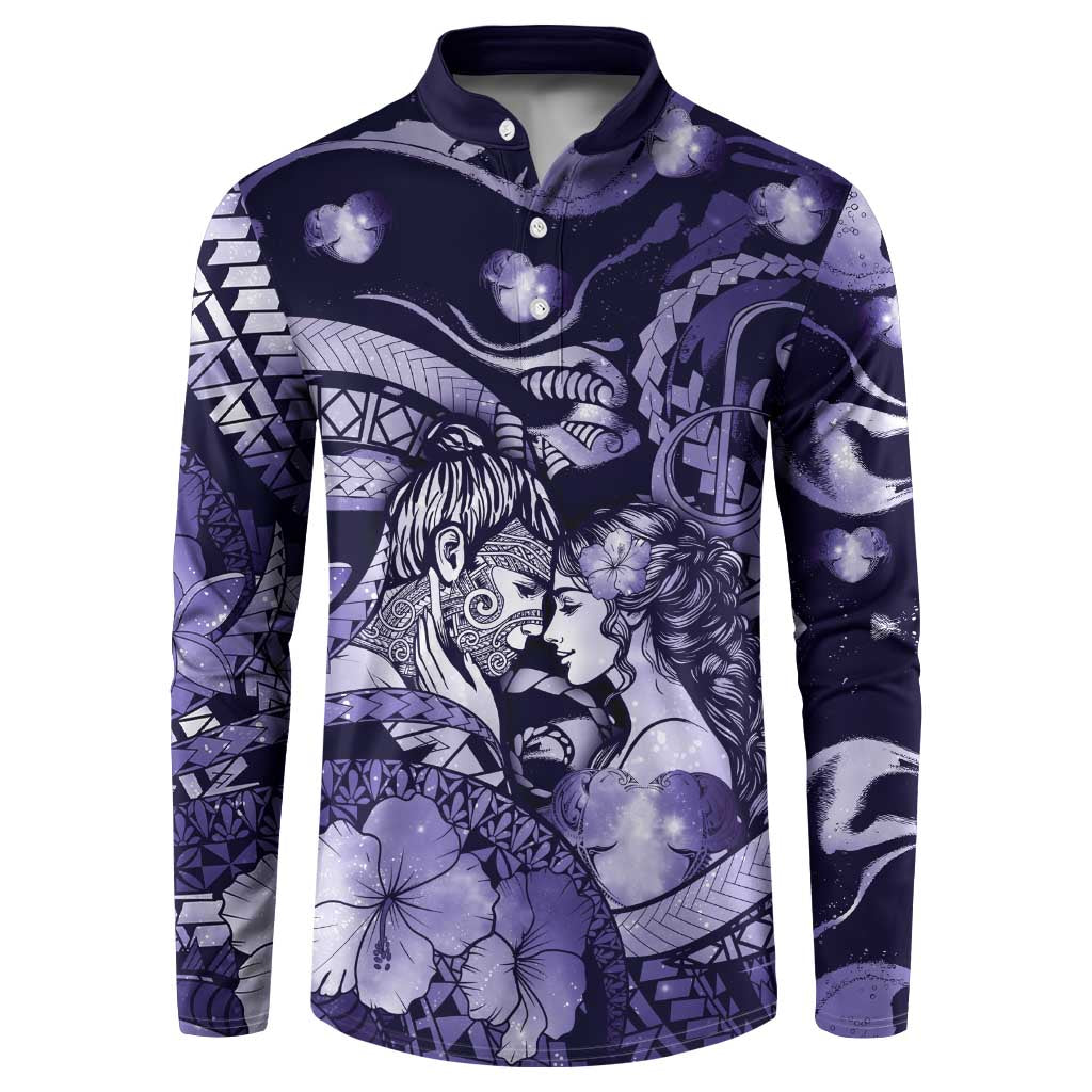 Personalised Maori Romantic Valentine Button Sweatshirt The Hongi Kiss Purple Galaxy DT05 Purple - Polynesian Pride