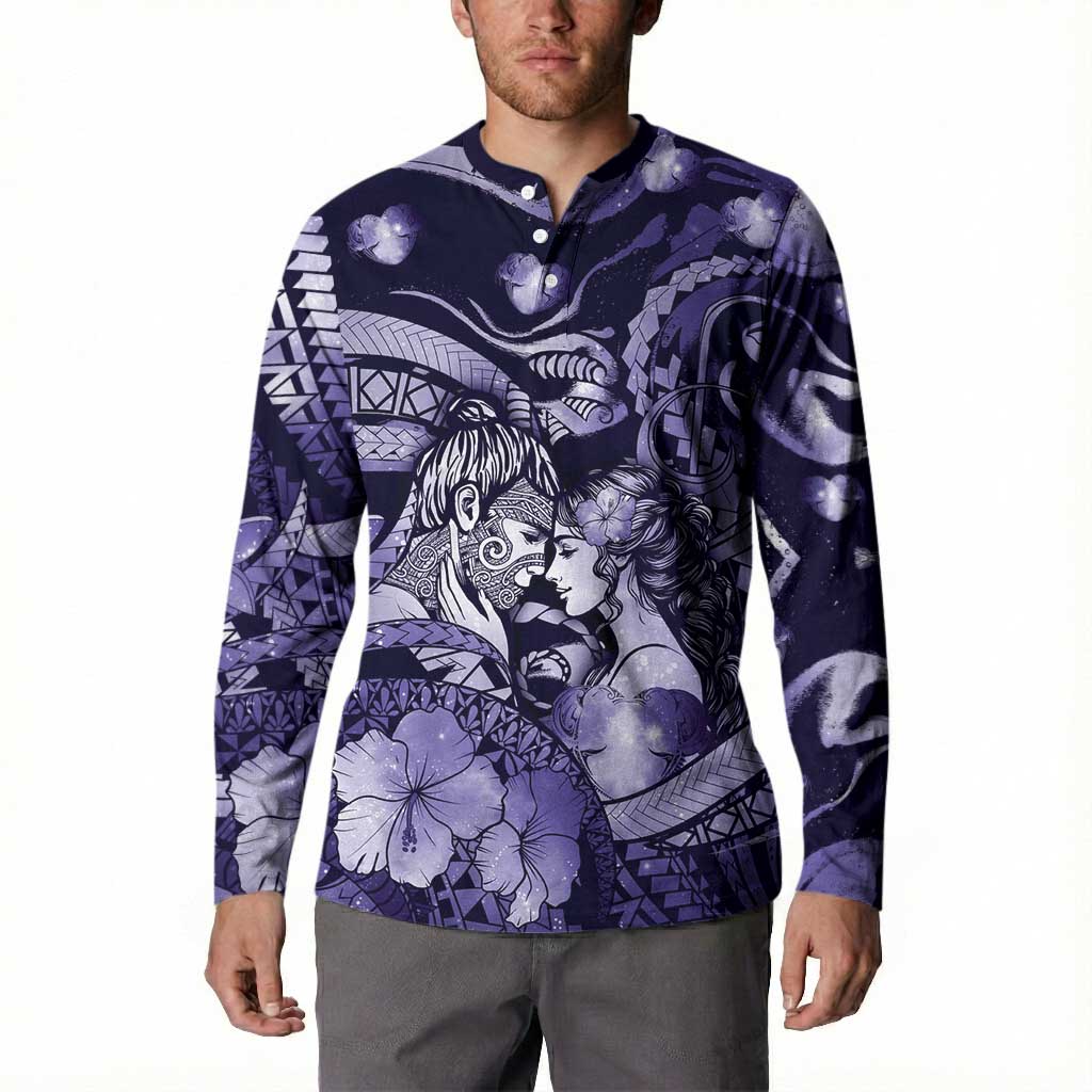 Personalised Maori Romantic Valentine Button Sweatshirt The Hongi Kiss Purple Galaxy DT05 - Polynesian Pride