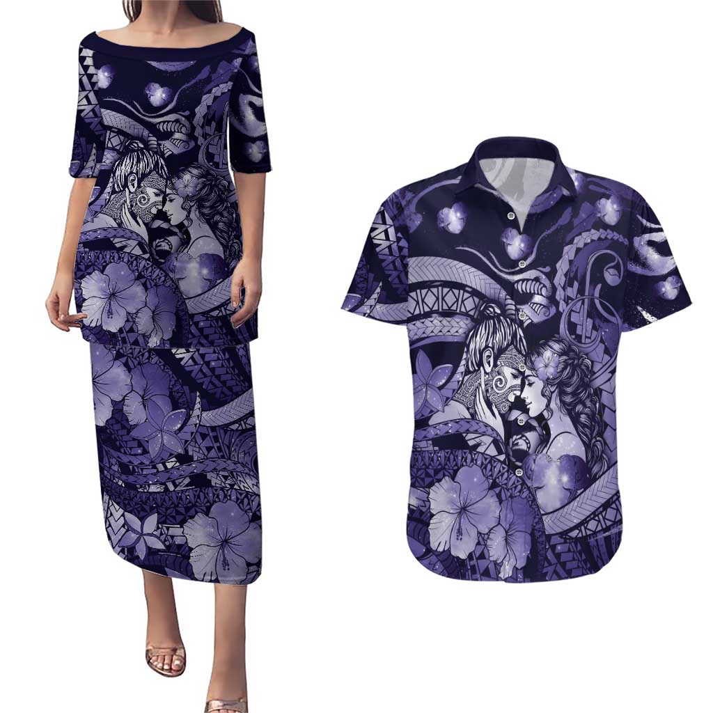 Personalised Maori Romantic Valentine Couples Matching Puletasi and Hawaiian Shirt The Hongi Kiss Purple Galaxy