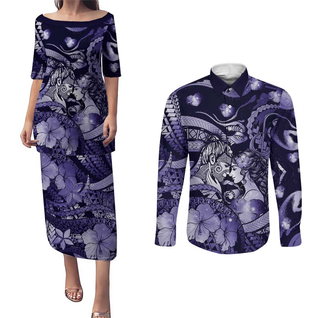 Personalised Maori Romantic Valentine Couples Matching Puletasi and Long Sleeve Button Shirt The Hongi Kiss Purple Galaxy DT05 Purple - Polynesian Pride