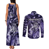 Personalised Maori Romantic Valentine Couples Matching Tank Maxi Dress and Long Sleeve Button Shirt The Hongi Kiss Purple Galaxy