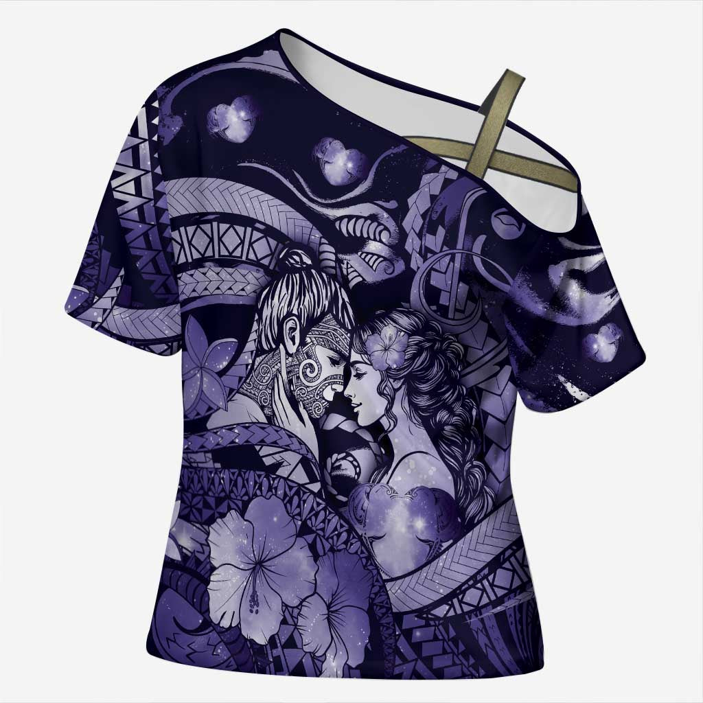 Personalised Maori Romantic Valentine Cross Shoulder Shirt The Hongi Kiss Purple Galaxy DT05 Female Purple - Polynesian Pride