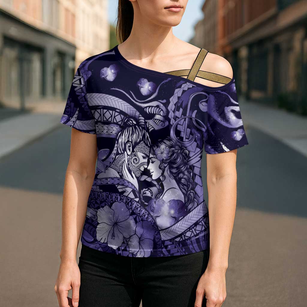 Personalised Maori Romantic Valentine Cross Shoulder Shirt The Hongi Kiss Purple Galaxy DT05 - Polynesian Pride