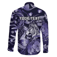 Personalised Maori Romantic Valentine Family Matching Off The Shoulder Long Sleeve Dress and Hawaiian Shirt The Hongi Kiss Purple Galaxy