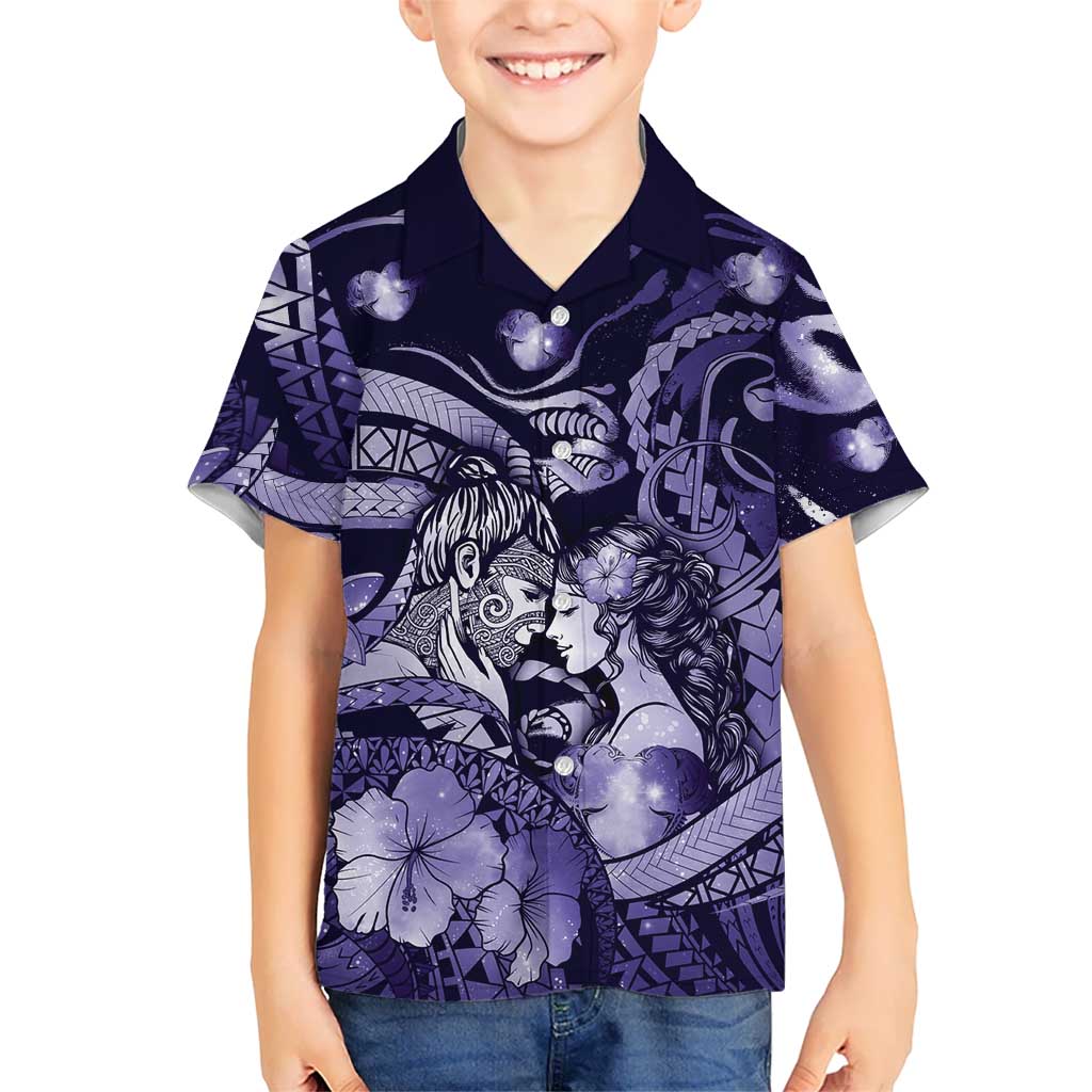 Personalised Maori Romantic Valentine Family Matching Off The Shoulder Long Sleeve Dress and Hawaiian Shirt The Hongi Kiss Purple Galaxy