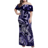 Personalised Maori Romantic Valentine Family Matching Off Shoulder Maxi Dress and Hawaiian Shirt The Hongi Kiss Purple Galaxy