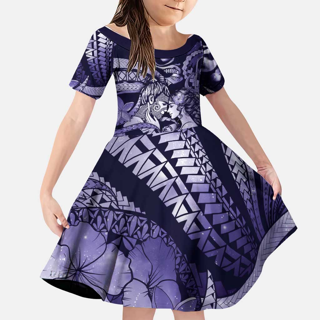 Personalised Maori Romantic Valentine Family Matching Off Shoulder Short Dress and Hawaiian Shirt The Hongi Kiss Purple Galaxy