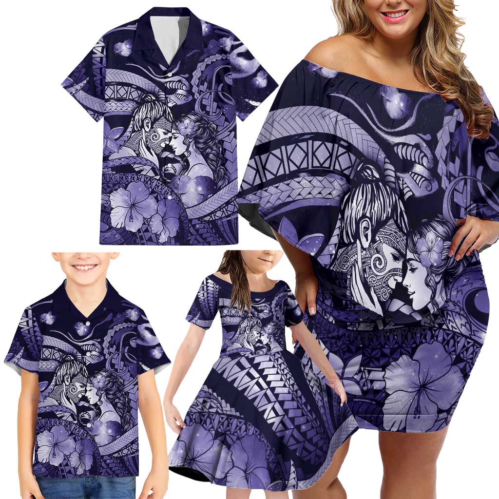 Personalised Maori Romantic Valentine Family Matching Off Shoulder Short Dress and Hawaiian Shirt The Hongi Kiss Purple Galaxy DT05 - Polynesian Pride