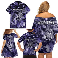 Personalised Maori Romantic Valentine Family Matching Off Shoulder Short Dress and Hawaiian Shirt The Hongi Kiss Purple Galaxy