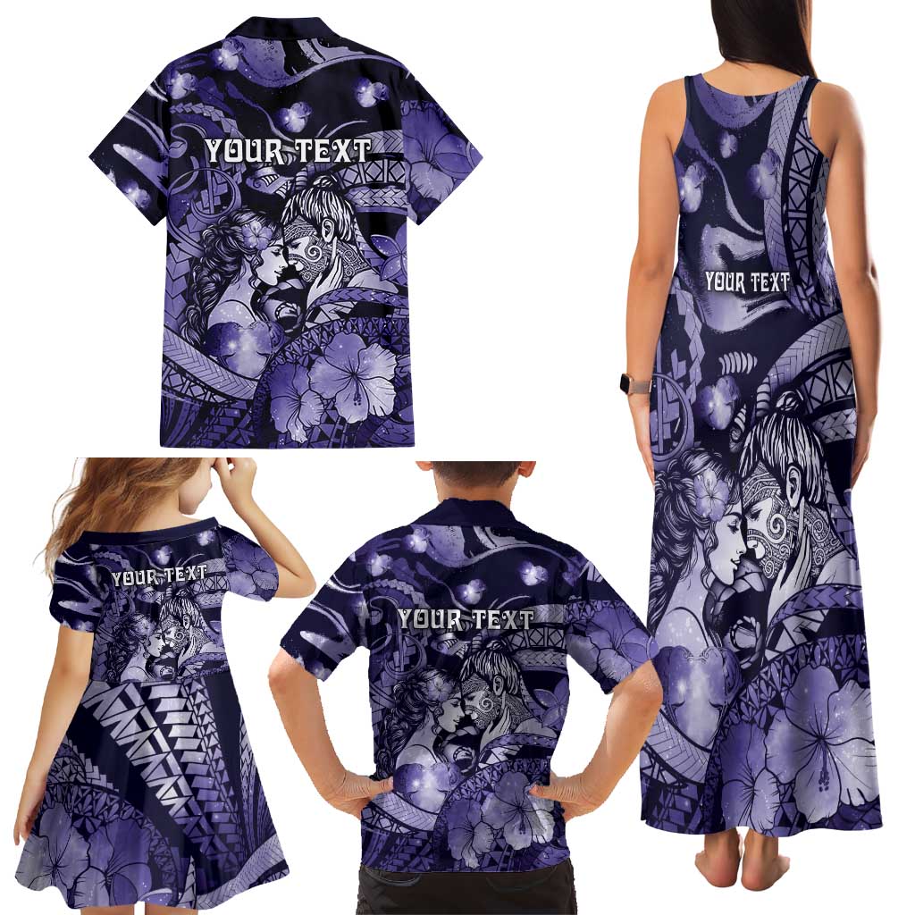 Personalised Maori Romantic Valentine Family Matching Tank Maxi Dress and Hawaiian Shirt The Hongi Kiss Purple Galaxy