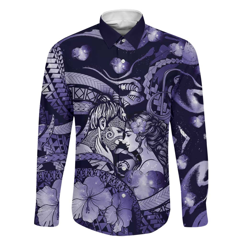 Personalised Maori Romantic Valentine Family Matching Tank Maxi Dress and Hawaiian Shirt The Hongi Kiss Purple Galaxy