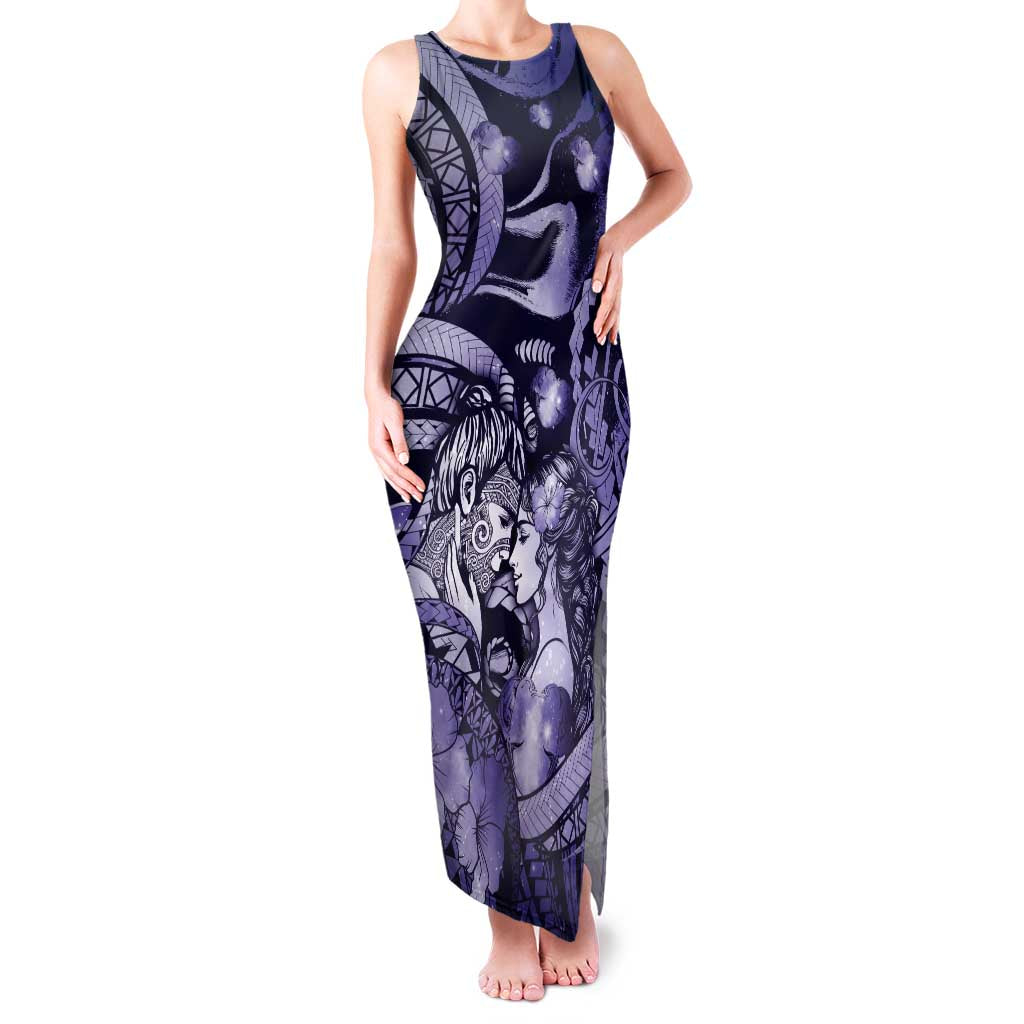 Personalised Maori Romantic Valentine Family Matching Tank Maxi Dress and Hawaiian Shirt The Hongi Kiss Purple Galaxy