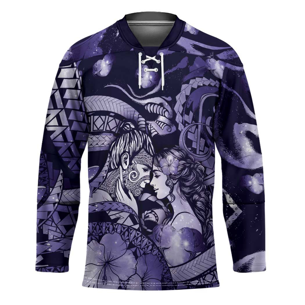 Personalised Maori Romantic Valentine Hockey Jersey The Hongi Kiss Purple Galaxy DT05 Unisex Purple - Polynesian Pride