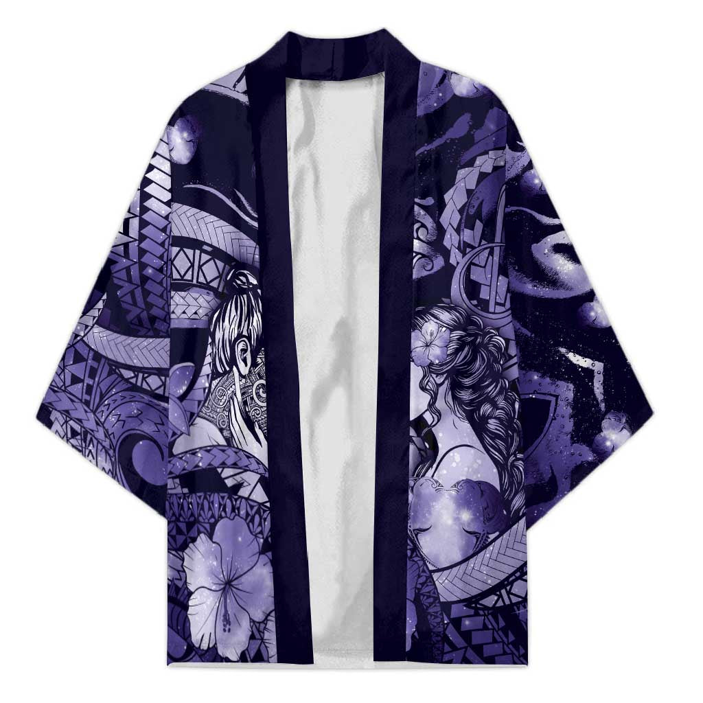 Personalised Maori Romantic Valentine Kimono The Hongi Kiss Purple Galaxy DT05 Unisex Purple - Polynesian Pride