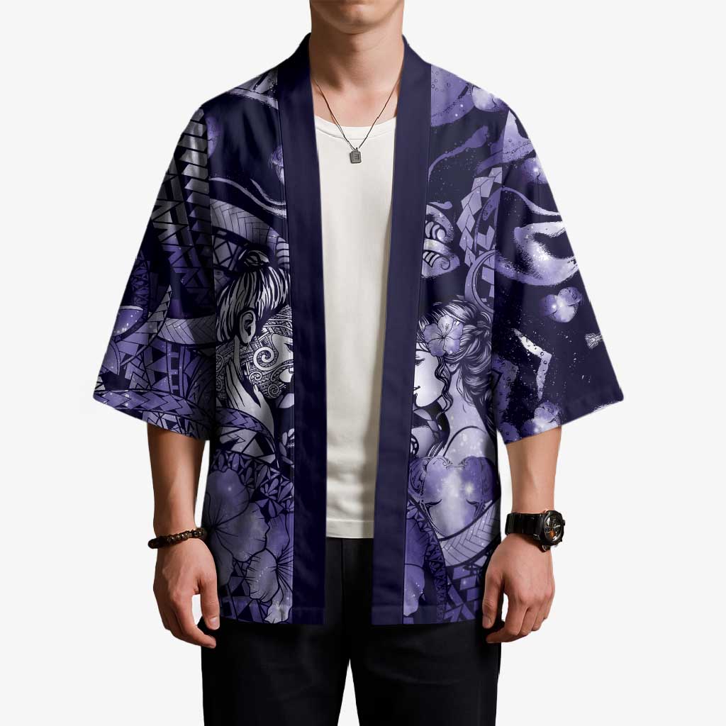 Personalised Maori Romantic Valentine Kimono The Hongi Kiss Purple Galaxy DT05 - Polynesian Pride