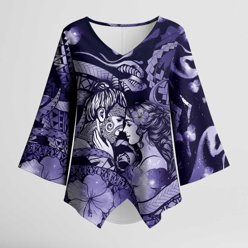 Personalised Maori Romantic Valentine Kimono Sleeve Blouse The Hongi Kiss Purple Galaxy DT05 Female Purple - Polynesian Pride
