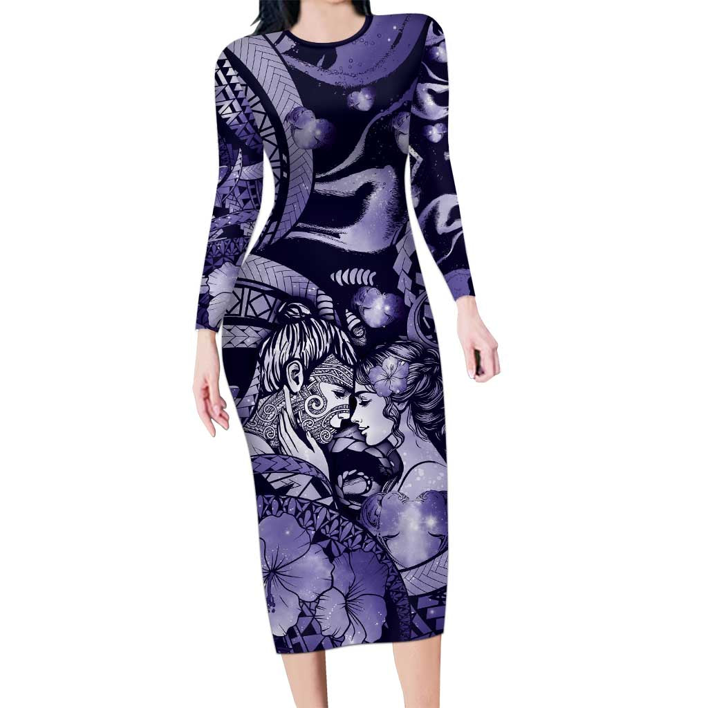 Personalised Maori Romantic Valentine Long Sleeve Bodycon Dress The Hongi Kiss Purple Galaxy DT05 Long Dress Purple - Polynesian Pride
