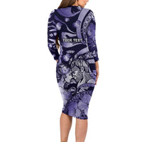 Personalised Maori Romantic Valentine Long Sleeve Bodycon Dress The Hongi Kiss Purple Galaxy
