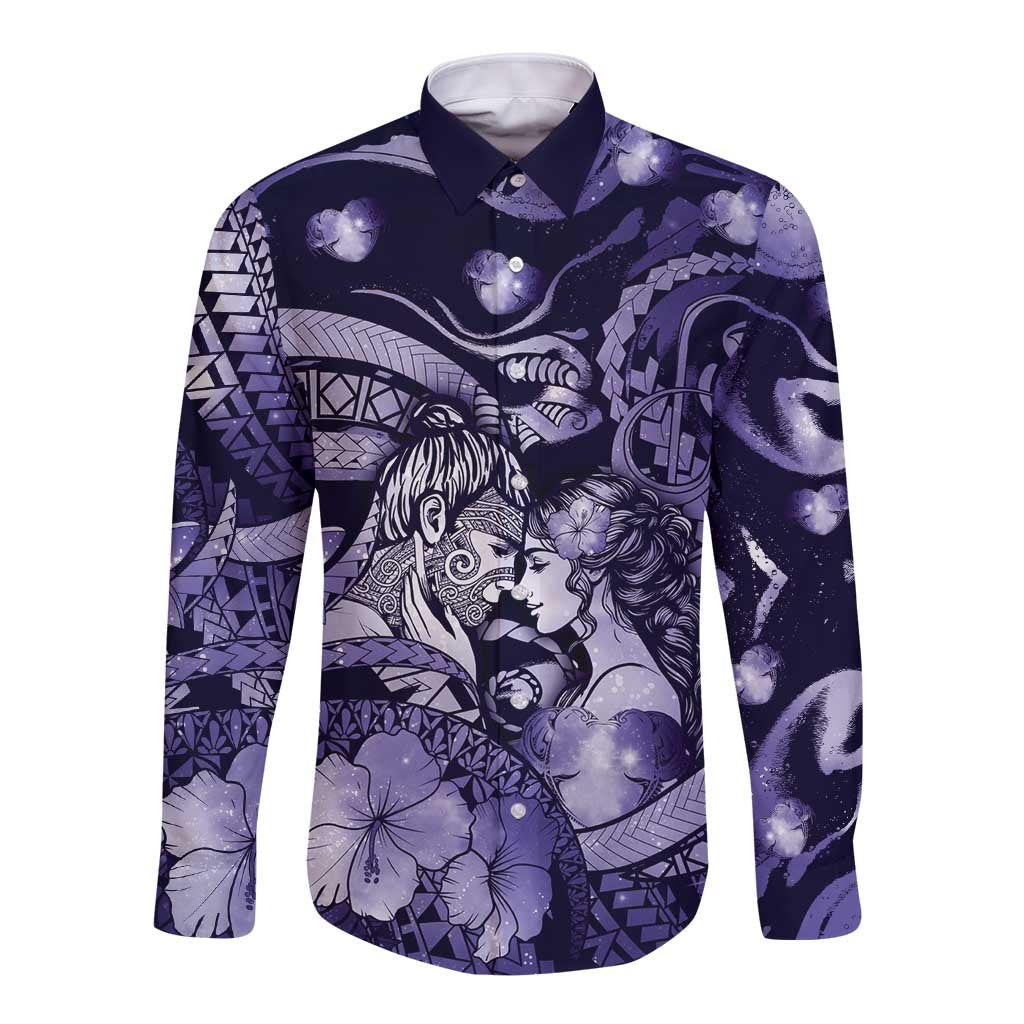 Personalised Maori Romantic Valentine Long Sleeve Button Shirt The Hongi Kiss Purple Galaxy DT05 Unisex Purple - Polynesian Pride