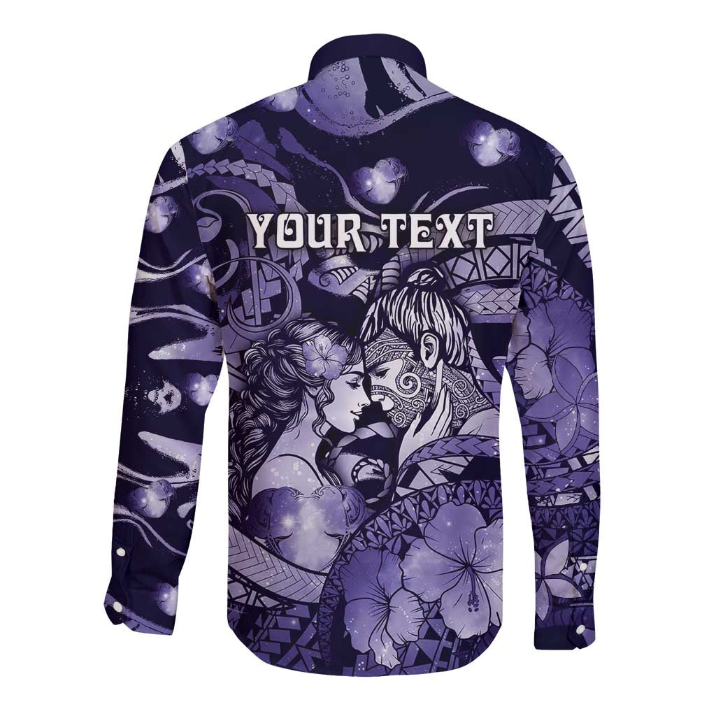 Personalised Maori Romantic Valentine Long Sleeve Button Shirt The Hongi Kiss Purple Galaxy DT05 - Polynesian Pride