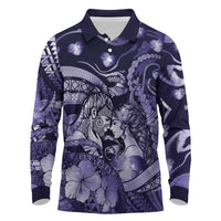 Personalised Maori Romantic Valentine Long Sleeve Polo Shirt The Hongi Kiss Purple Galaxy