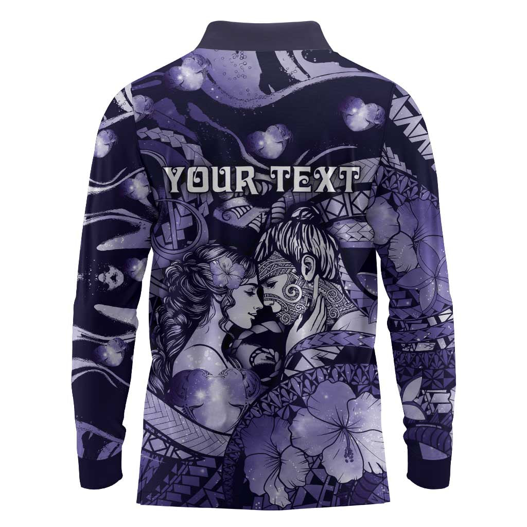 Personalised Maori Romantic Valentine Long Sleeve Polo Shirt The Hongi Kiss Purple Galaxy