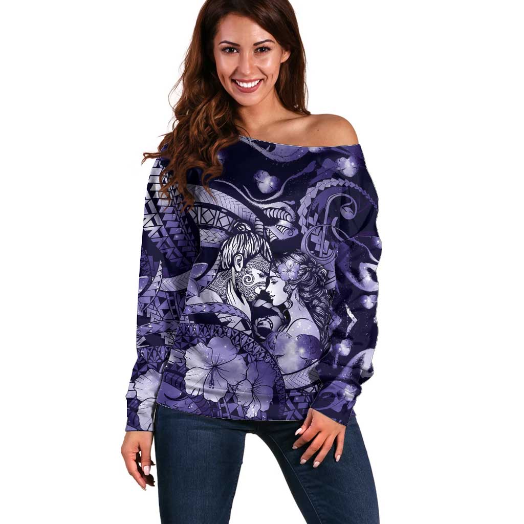 Personalised Maori Romantic Valentine Off Shoulder Sweater The Hongi Kiss Purple Galaxy DT05 Women Purple - Polynesian Pride