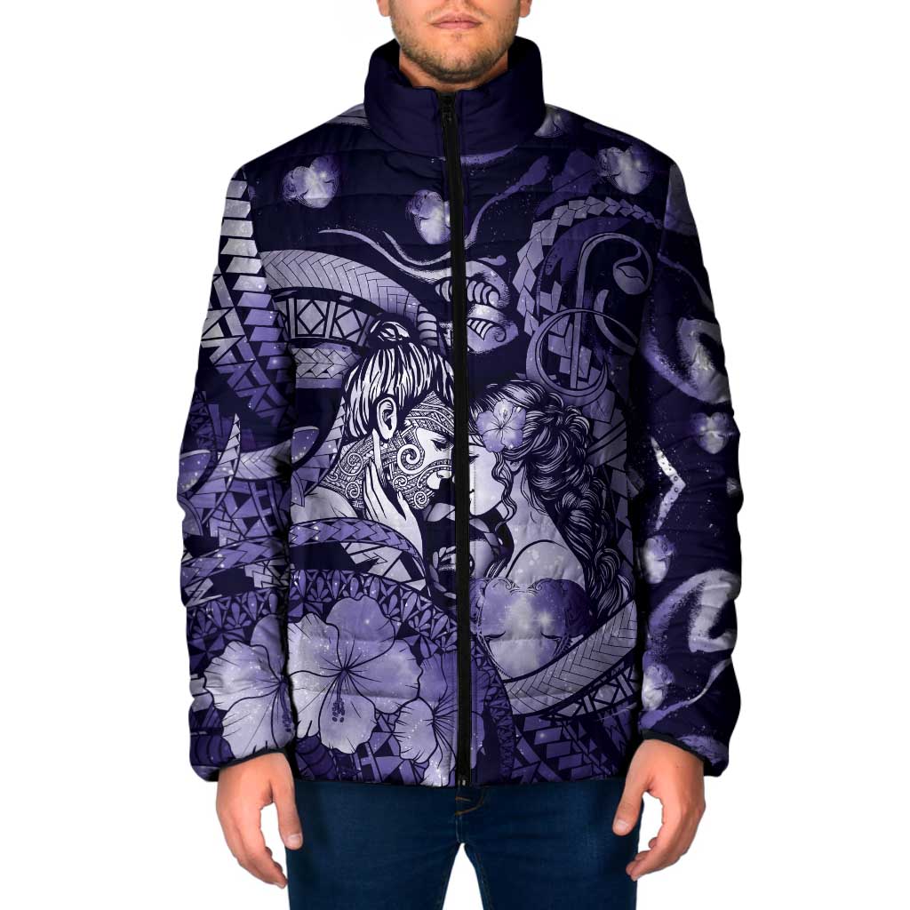 Personalised Maori Romantic Valentine Padded Jacket The Hongi Kiss Purple Galaxy DT05 Men Purple - Polynesian Pride