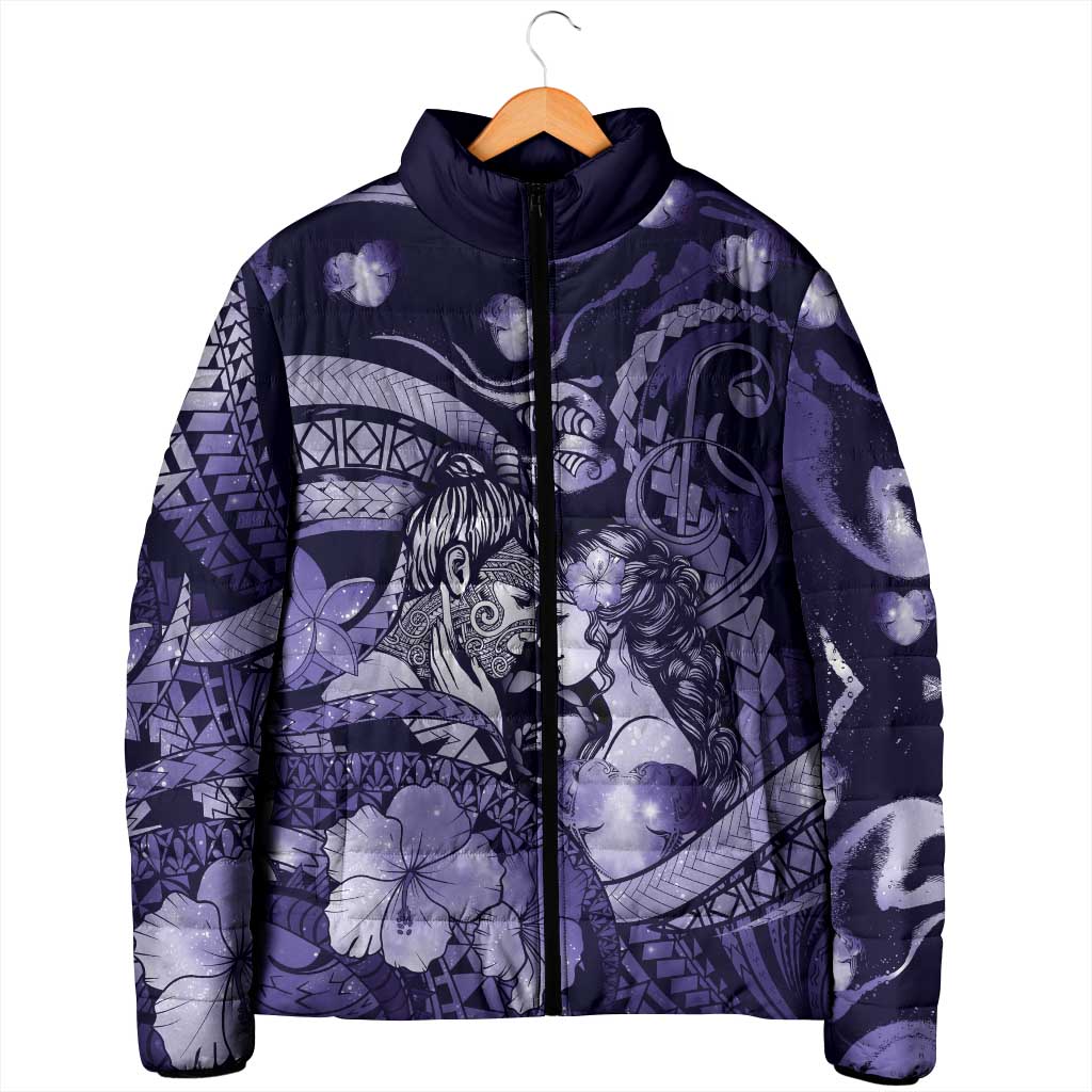 Personalised Maori Romantic Valentine Padded Jacket The Hongi Kiss Purple Galaxy DT05 - Polynesian Pride