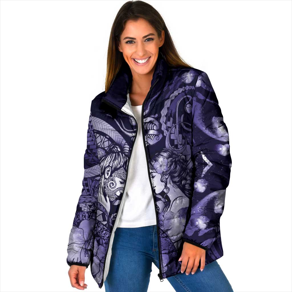Personalised Maori Romantic Valentine Padded Jacket The Hongi Kiss Purple Galaxy DT05 Women Purple - Polynesian Pride