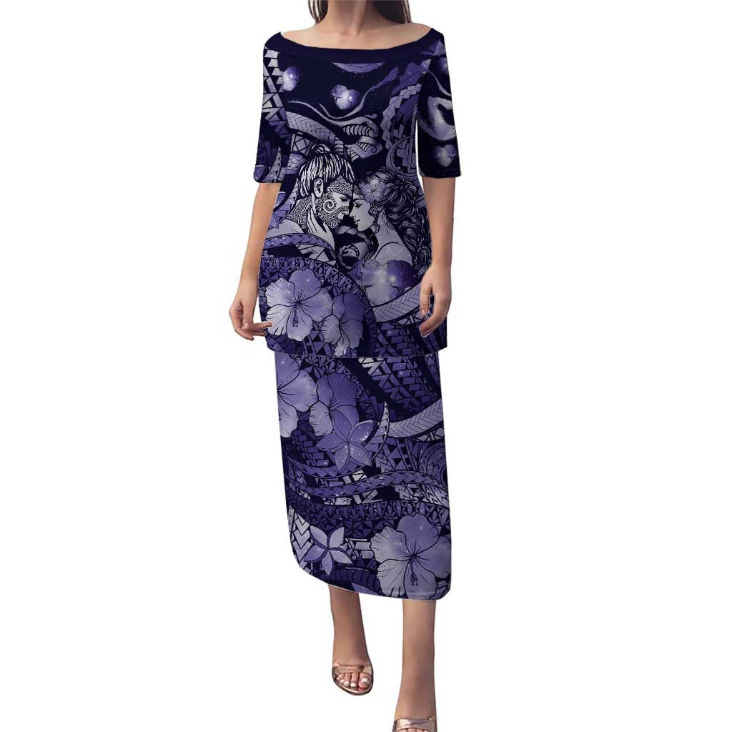 Personalised Maori Romantic Valentine Puletasi The Hongi Kiss Purple Galaxy DT05 Long Dress Purple - Polynesian Pride