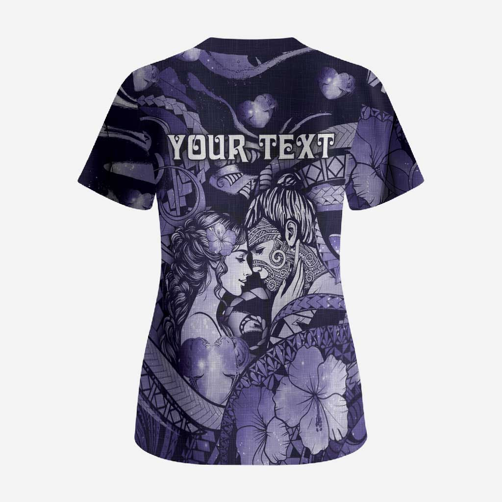 Personalised Maori Romantic Valentine Scrub Top The Hongi Kiss Purple Galaxy DT05 - Polynesian Pride