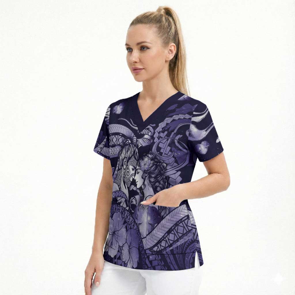 Personalised Maori Romantic Valentine Scrub Top The Hongi Kiss Purple Galaxy DT05 - Polynesian Pride