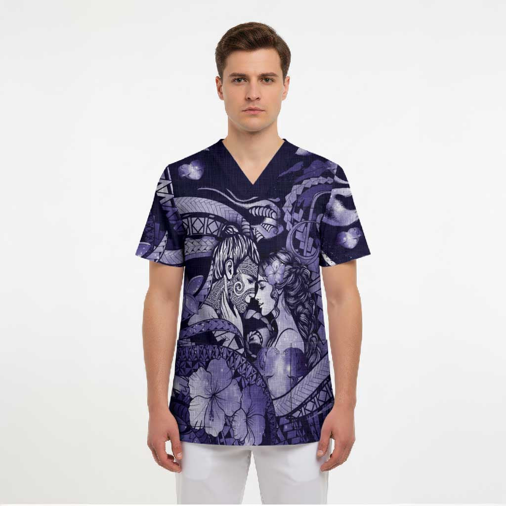 Personalised Maori Romantic Valentine Scrub Top The Hongi Kiss Purple Galaxy DT05 - Polynesian Pride