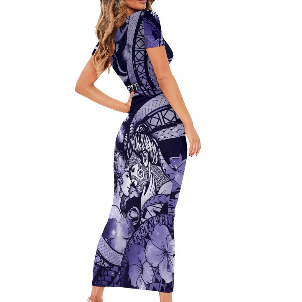 Personalised Maori Romantic Valentine Short Sleeve Bodycon Dress The Hongi Kiss Purple Galaxy