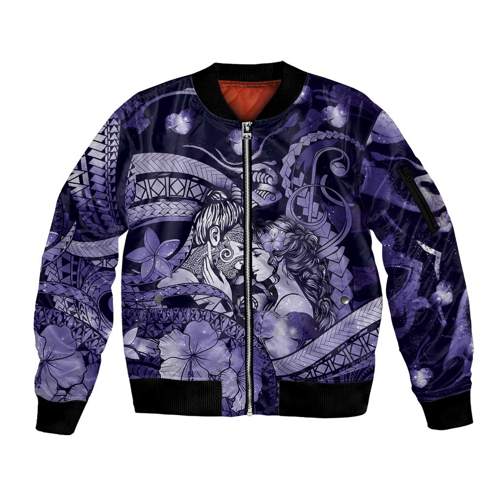 Personalised Maori Romantic Valentine Sleeve Zip Bomber Jacket The Hongi Kiss Purple Galaxy DT05 Unisex Purple - Polynesian Pride