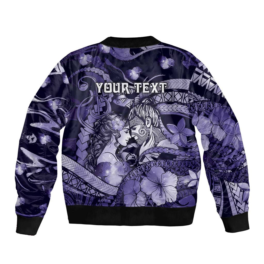 Personalised Maori Romantic Valentine Sleeve Zip Bomber Jacket The Hongi Kiss Purple Galaxy