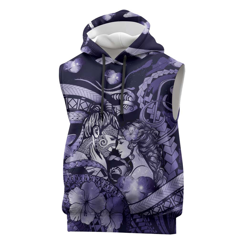 Personalised Maori Romantic Valentine Sleeveless Hoodie The Hongi Kiss Purple Galaxy DT05 Purple - Polynesian Pride