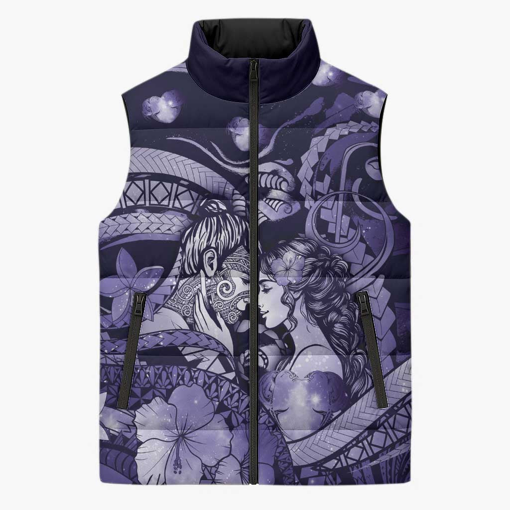 Personalised Maori Romantic Valentine Sleeveless Puffer Jacket The Hongi Kiss Purple Galaxy DT05 Unisex Purple - Polynesian Pride