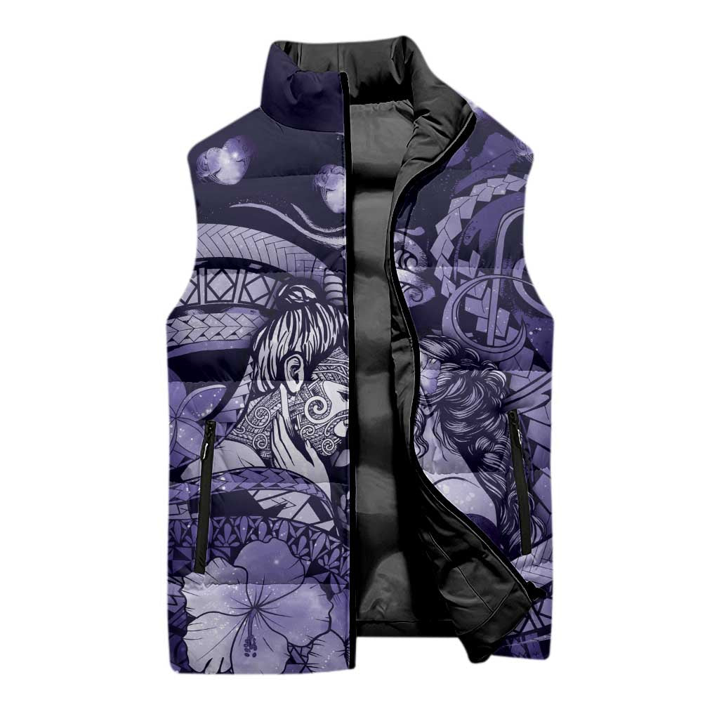 Personalised Maori Romantic Valentine Sleeveless Puffer Jacket The Hongi Kiss Purple Galaxy DT05 - Polynesian Pride