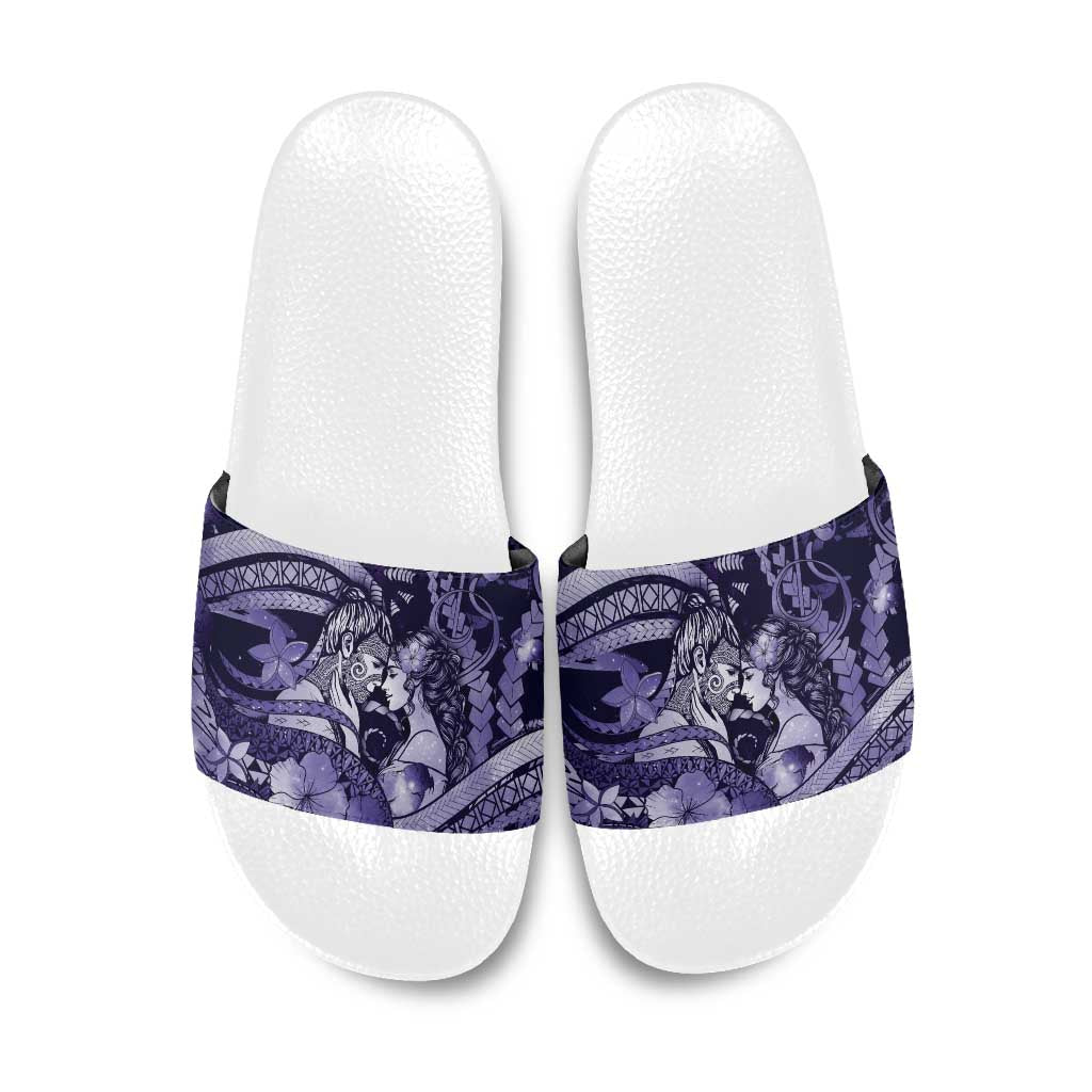 Maori Romantic Valentine Slide Sandals The Hongi Kiss Purple Galaxy DT05 Purple - Polynesian Pride