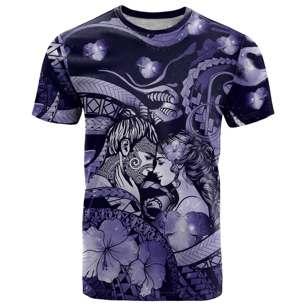 Personalised Maori Romantic Valentine T Shirt The Hongi Kiss Purple Galaxy DT05 Purple - Polynesian Pride