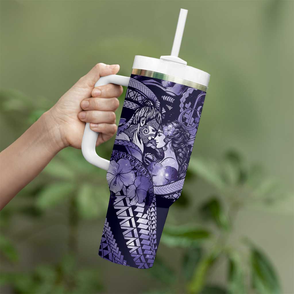 Personalised Maori Romantic Valentine Tumbler With Handle The Hongi Kiss Purple Galaxy DT05 - Polynesian Pride