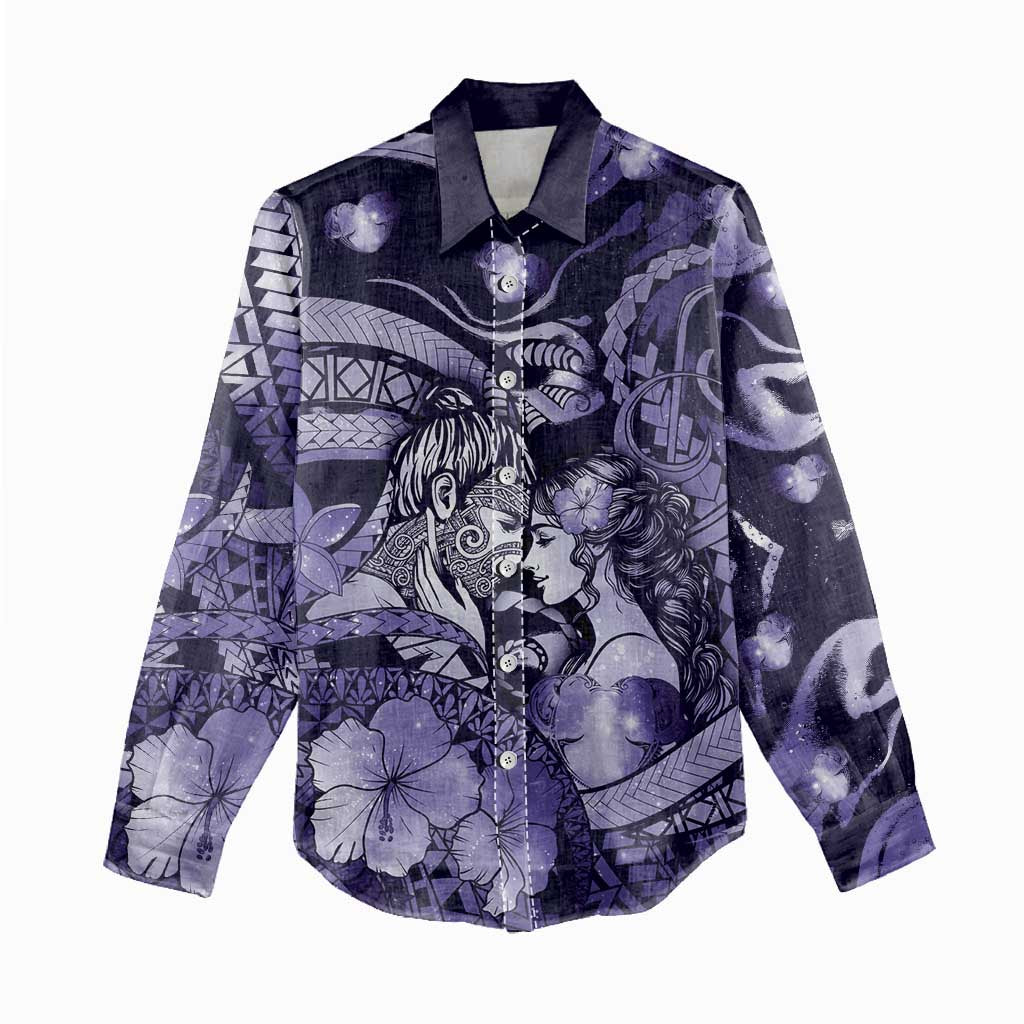 Personalised Maori Romantic Valentine Women Casual Shirt The Hongi Kiss Purple Galaxy