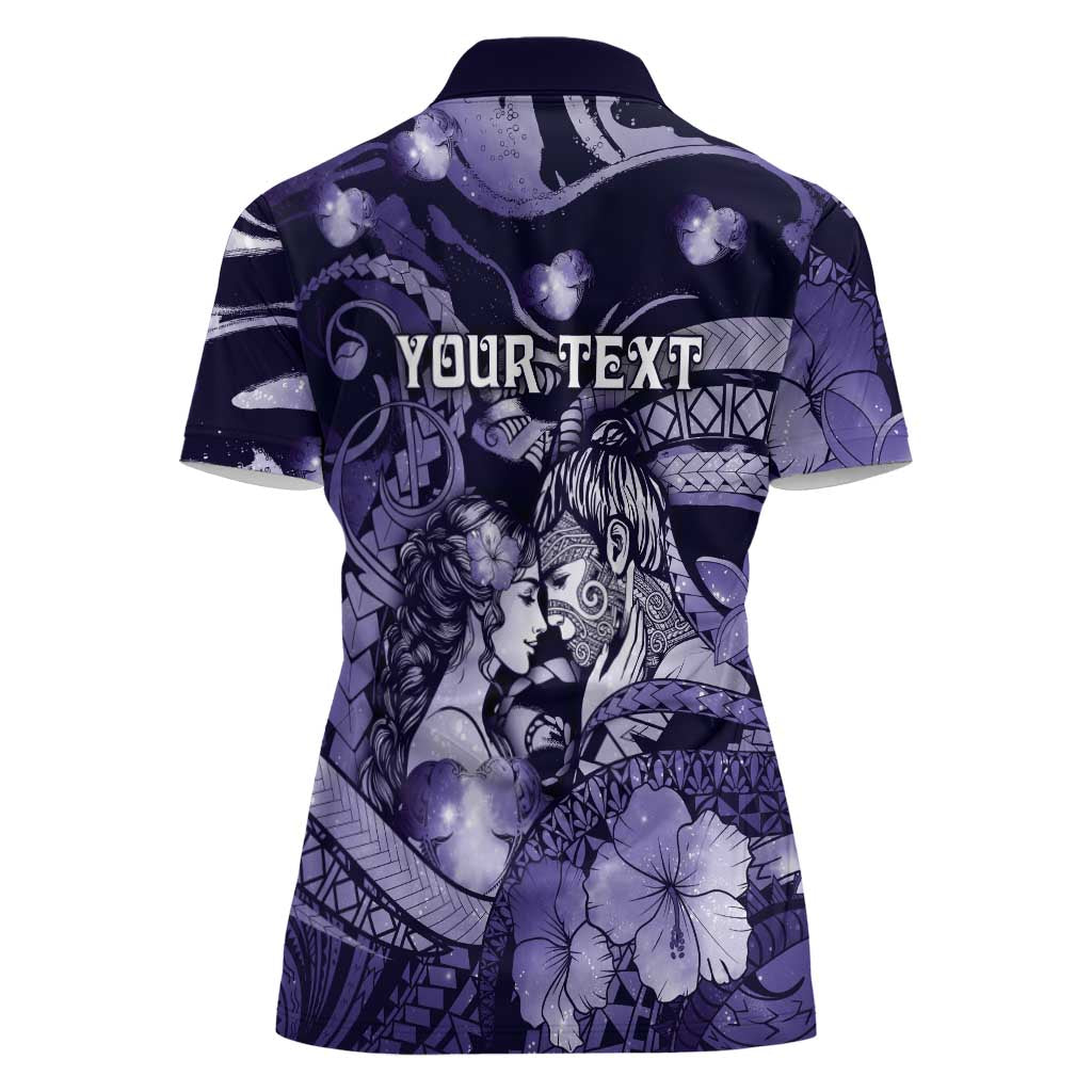 Personalised Maori Romantic Valentine Women Polo Shirt The Hongi Kiss Purple Galaxy