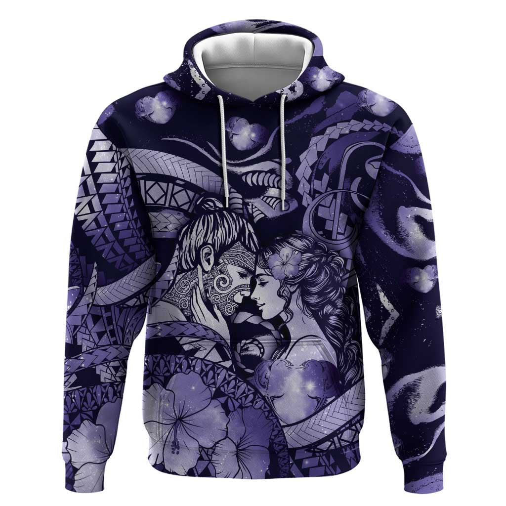 Personalised Maori Romantic Valentine Zip Hoodie The Hongi Kiss Purple Galaxy DT05 Pullover Hoodie Purple - Polynesian Pride