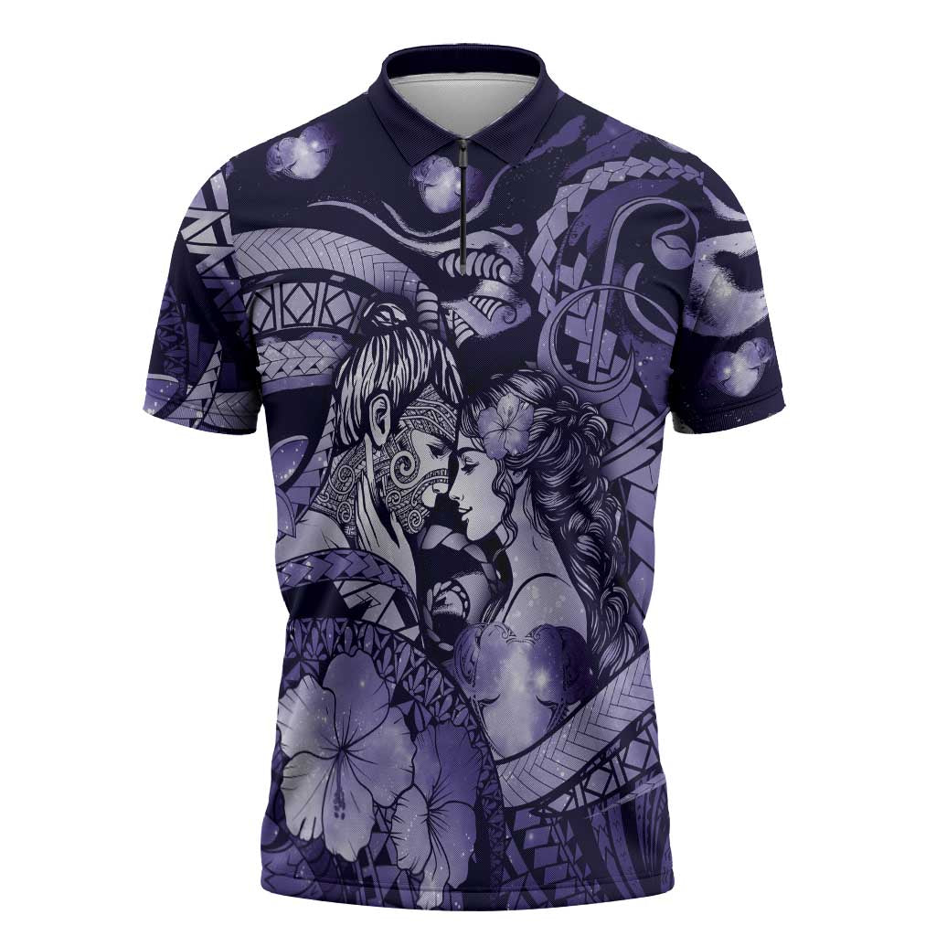 Personalised Maori Romantic Valentine Zipper Polo Shirt The Hongi Kiss Purple Galaxy DT05 Purple - Polynesian Pride